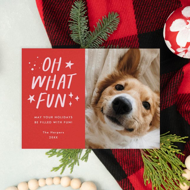 Cartão De Festividades Oh, Que Diversão Põe Foto Vermelho de Natal (oh what fun pet christmas card)
