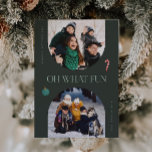 Cartão De Festividades Oh, Que Quadro Verde Divertido 3 Foto<br><div class="desc">Cartão com fotos branco e mínimo de férias com dois quadros verdes em arco com texto que diz "oh que divertido." Há também uma ilustração de uma cana doce e um Enfeites de natal. Você pode adicionar um total de 3 fotos neste cartão na frente e atrás.</div>
