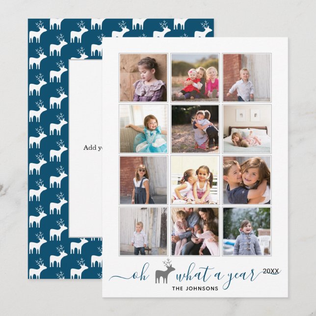 Cartão De Festividades Oh veado que ano em revisão colagem de fotos azul (Frente/Verso)