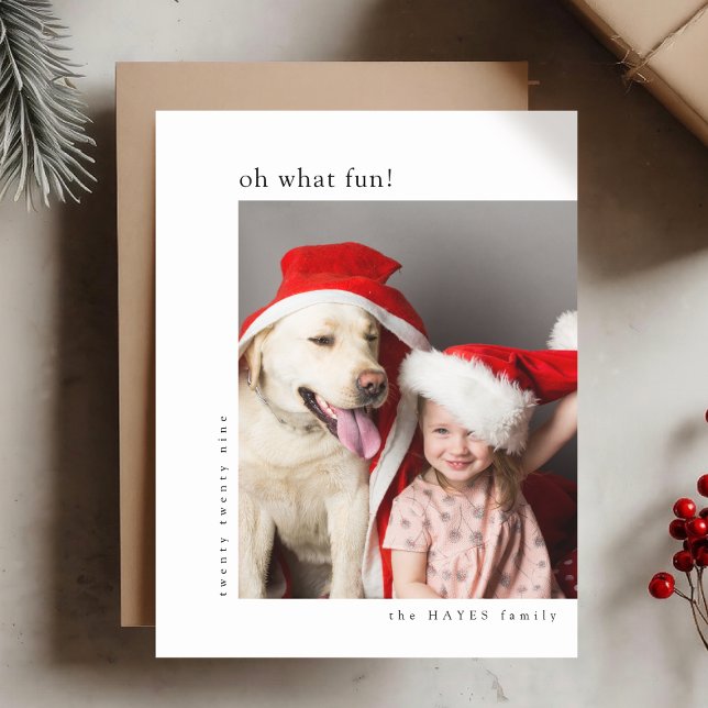 Cartão De Festividades Oh What Fun! Modern Minimal Christmas Photo Red (Share festive joy with a modern "Oh What Fun!" photo card by Guava)