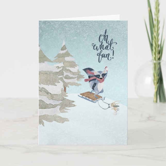 Cartão De Festividades Oh What Fun Raccoon and Rabbit Christmas Card (Frente)