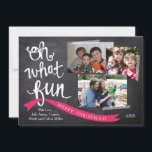 Cartão De Festividades Oh What Fun Ribbon Holiday Photo Card<br><div class="desc">Hand illustrated type and ribbon to accent your fun holiday family photos. Fun washi tape stripes to stick your photos onto the chalkboard background. Add more photos on the back with even more personalized messaging. Message me for additional colors and products. pinkhippoprints@gmail.com</div>