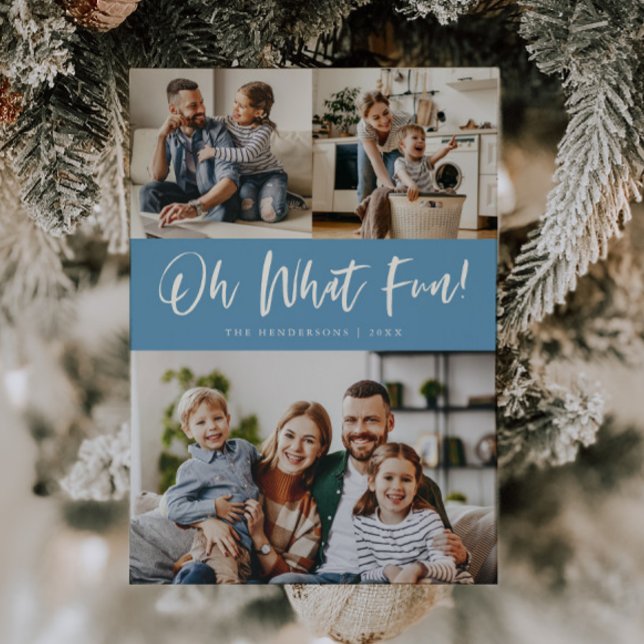 Cartão De Festividades Oh What Fun Script Christmas Photo Denim Blue (Criador carregado)