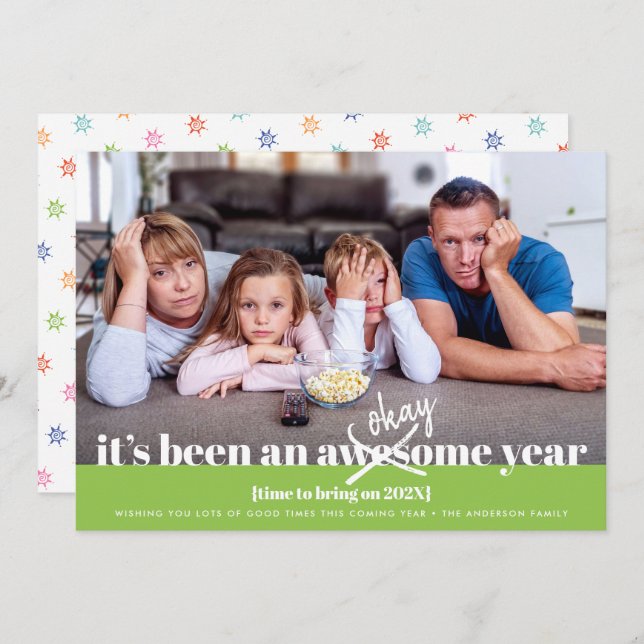 Cartão De Festividades Ok, Ano Novo, Moderno, Simples Foto Engraçado Verd (Frente/Verso)