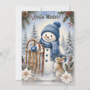 Cartão De Festividades Olá Boneco de Neve de Inverno Coelho Aquarela