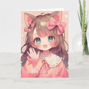 Cartão De Festividades Olá Garota Anime Fofa de Gato