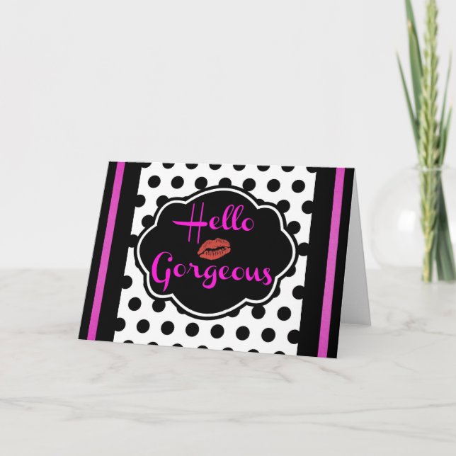 Cartão De Festividades Olá Linda Bolinhas Branca Negra, Rosa Quente (Frente)