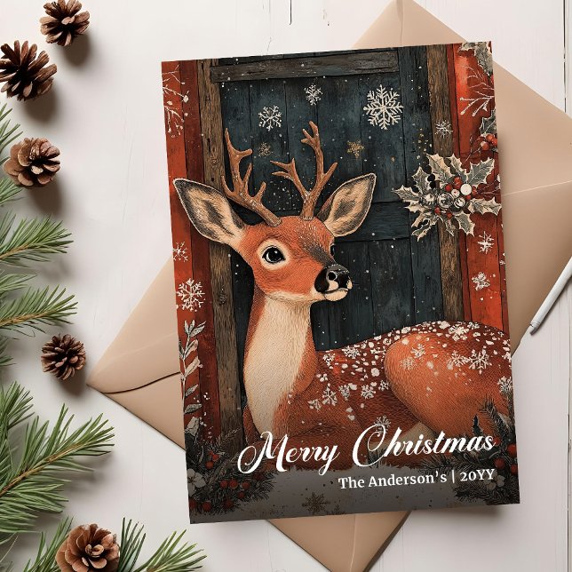 Cartão De Festividades Old fashioned Christmas deer card classic greeting (Old fashioned Christmas deer card classic greeting)