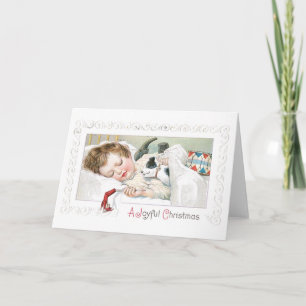Cartão De Festividades Old-fashioned Christmas, Girl sleeping with Puppy