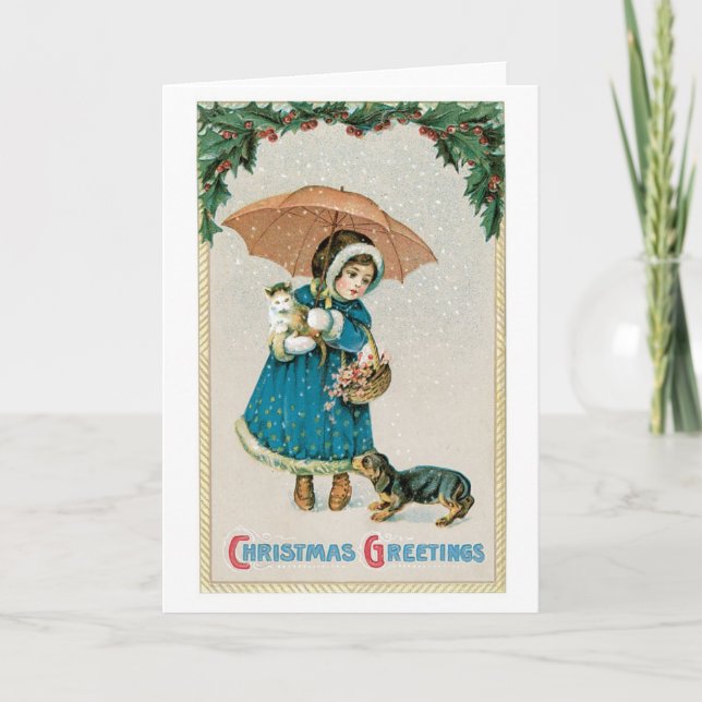 Cartão De Festividades Old-fashioned Christmas, Girl with Cat and Dog (Frente)