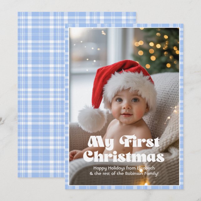 Cartão De Festividades Olhos Azuis de Bebê Xadrez Meu Primeiro Natal Bebê (Frente/Verso)