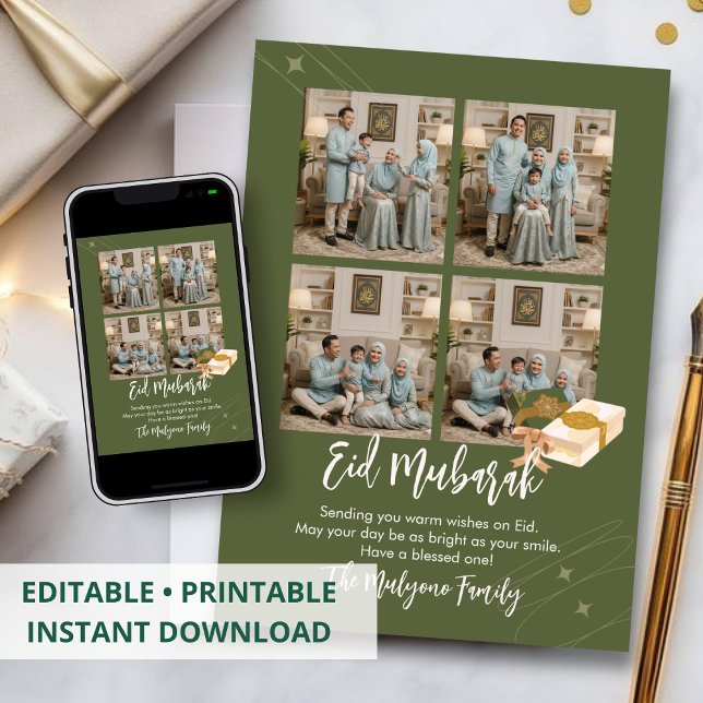 Cartão De Festividades Olive Green 4 Photo Collage Eid Mubarak Card (Criador carregado)