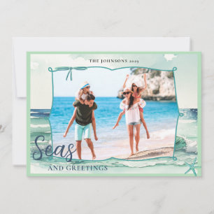 Cartão De Festividades Ondas do oceano em aquarela & Saudações foto