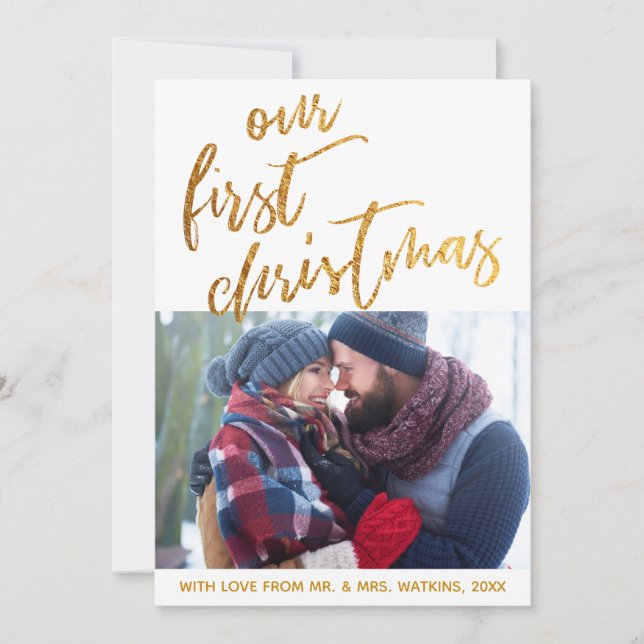 Cartão De Festividades Ondas Douradas em Branco Nosso Primeiro Natal, Fot (Frente)