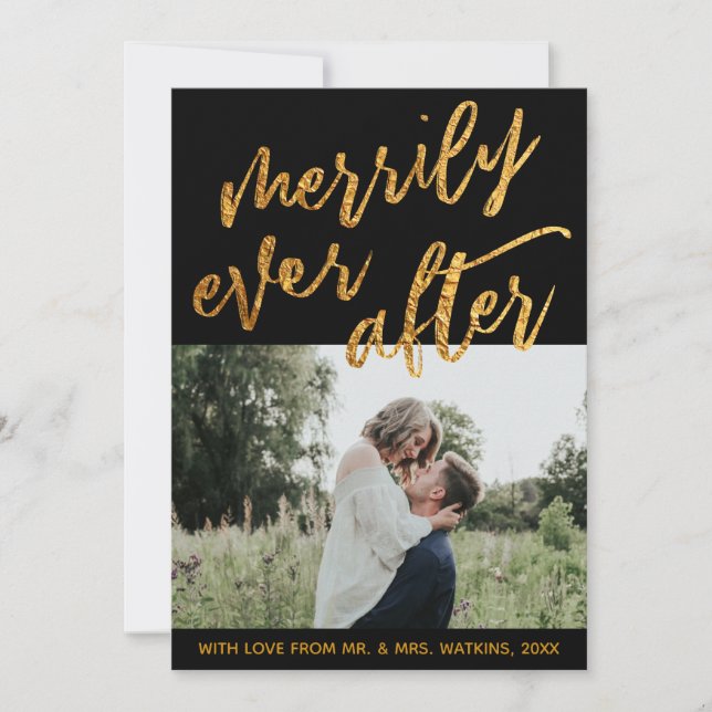Cartão De Festividades Ondas Douradas em preto Merrily Ever Depois, Foto (Frente)