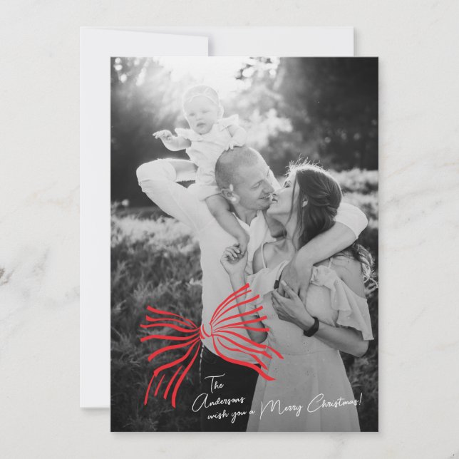 Cartão De Festividades One Photo Red Elegant Bow Minimalist (Frente)