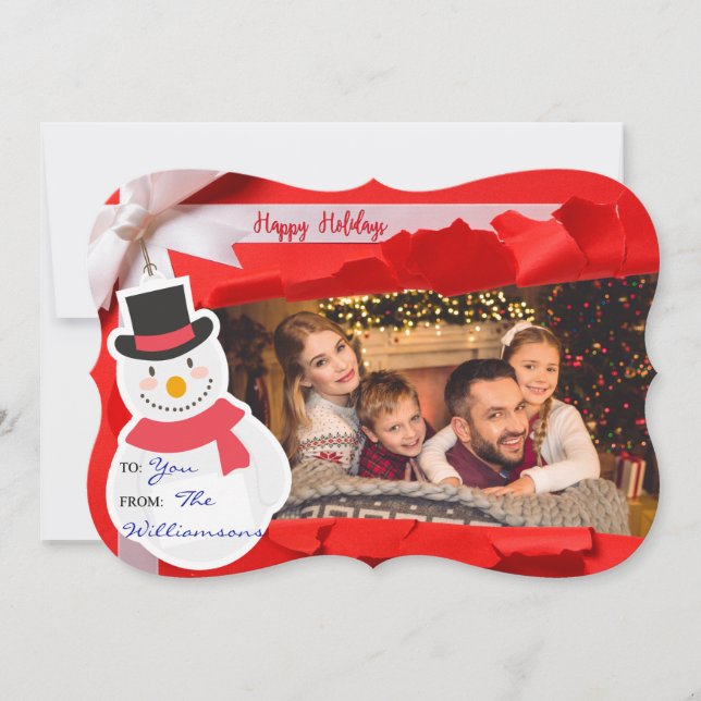 Cartão De Festividades Opened Gift Reveals Family Photo Fancy Cut (Frente)