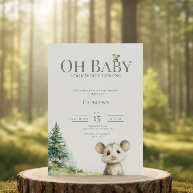 Cartão De Festividades Opossum Baby Shower Invitation • Oh Baby Forest (watercolor baby shower invitation with opossum and forest trees on a clean white background)