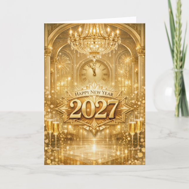 Cartão De Festividades Opulent Gold Ballroom Happy New Year 2027 (Frente)