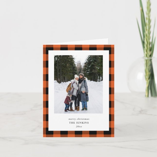Cartão De Festividades Orange Black Buffalo Plaid  3 Photo Christmas (Frente)