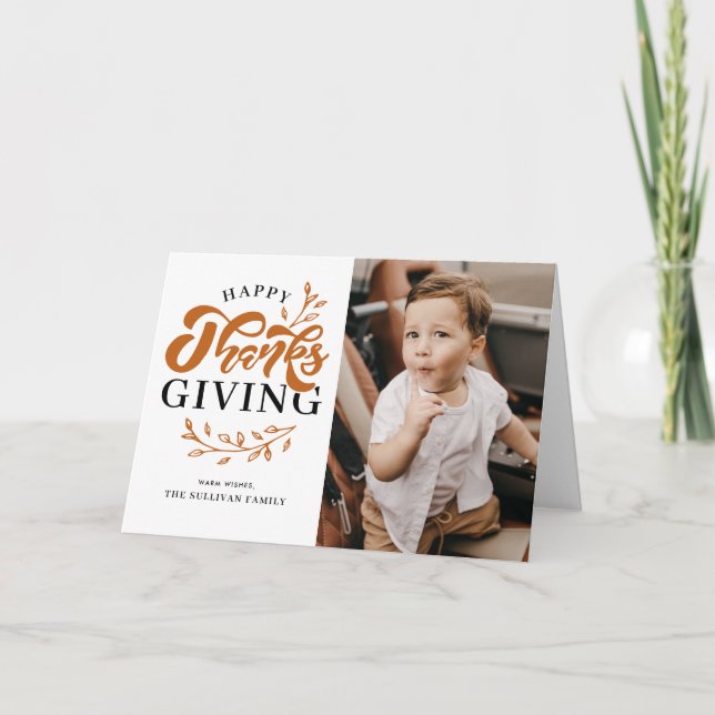 Cartão De Festividades Orange Foliage Wreath Photo Happy Graças (Frente)