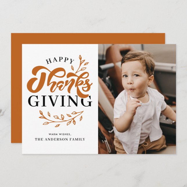 Cartão De Festividades Orange Foliage Wreath Photo Happy Graças (Frente/Verso)