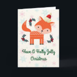 Cartão De Festividades Orange Fox In Santa Hat Whimsical Christmas Custom<br><div class="desc">A charming customized christmas card with a retro flair. An illustration of a cute orange fox, wearing a red santa hat surrounded by christmas holly decorations. A sweet little forest animal. Set on a background with faded pink and blue snowflakes. The front says: have a holly jolly christmas. The inside...</div>