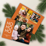 Cartão De Festividades Orange "HO HO HO" Foto Collage Christmas<br><div class="desc">Cartão de colagem de fotos minimalista e elegante, com quatro fotos (marcadores a serem substituídos), tipografia limpa e um fundo cor moderno e robusto. A face do cartão inclui um "HO HO HO" alinhado verticalmente como o tema principal. Excelente oportunidade de compartilhar um pouco do ano com amigos e familiares...</div>