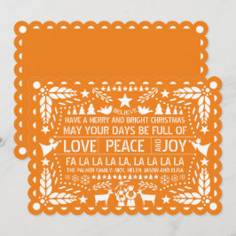 Cartão De Festividades Orange Love Peace Joy papel picado Natal