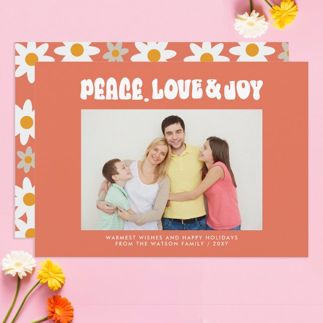 Cartão De Festividades Orange Retro Groovy Peace Love Joy Foto (Orange Retro Groovy Peace Love Joy Photo Holiday Card)