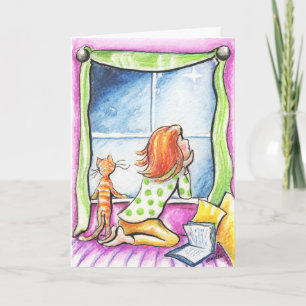 Cartão De Festividades Orange Tabby Cat n Girl Window Natal