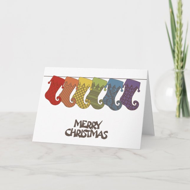 Cartão De Festividades Orgulho gay Rainbow Retro Christmas Stockings (Frente)