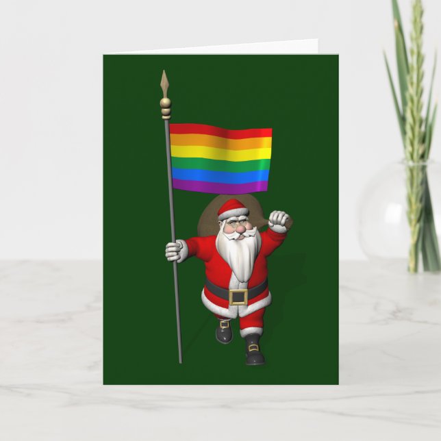 Cartão De Festividades Orgulhoso Papai Noel Com Bandeira Arco-Íris (Frente)