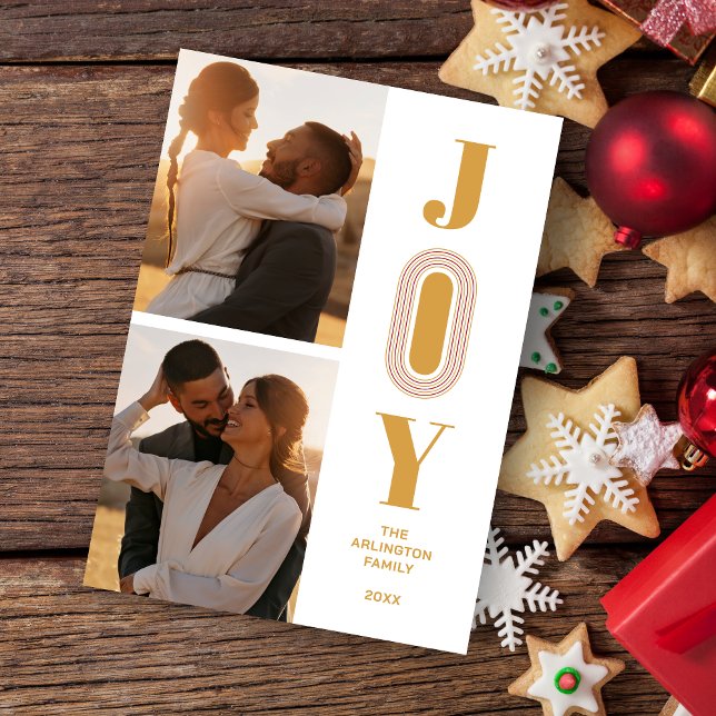 Cartão De Festividades Original Trend JOY Quote Christmas 2 Photos  (Christmas and Fake Gold Original and Trend Joy Quote 2 Photos Holiday Card with Envelope.)