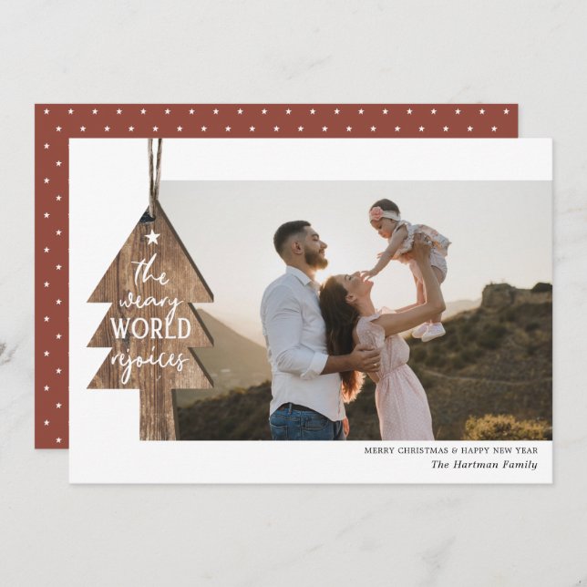 Cartão De Festividades Ornament de madeira rustica Foto de Natal (Frente/Verso)