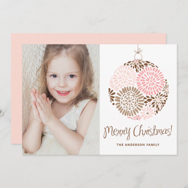 Cartão De Festividades Ornament rosa e marrom Feliz Foto de Natal (Frente/Verso)