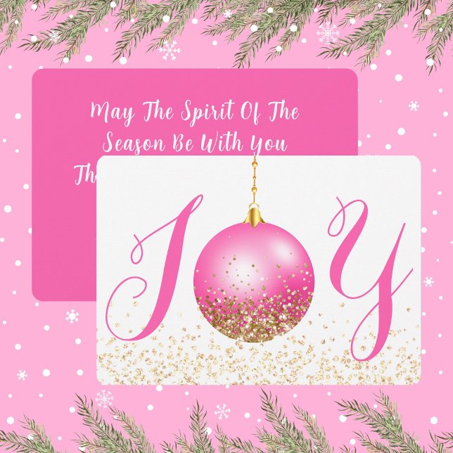 Cartão De Festividades Ornament Rosa Joy Saudação de Natal (Joy In Hot Pink and Gold Look Glitter Christmas Holiday Card)