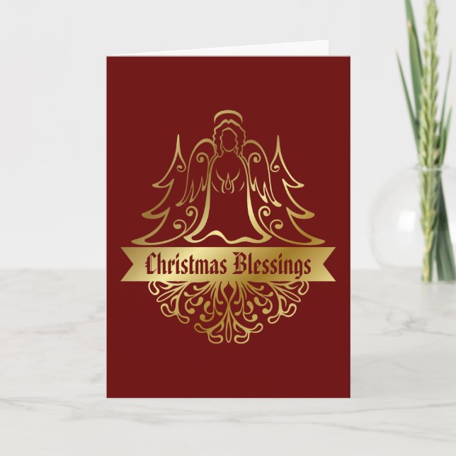 Cartão De Festividades Ornamentado Dourado Anjo Bênção de Natal Vermelho (Frente)