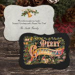 Cartão De Festividades Ornamentado Vintage Saudação Floral de Natal<br><div class="desc">Richly embelezou a saudação de Natal com o texto do ornamentado em uma faixa decorada com flores e folhas sagradas e cortadas,  e um cardeal sobre fundo preto.</div>