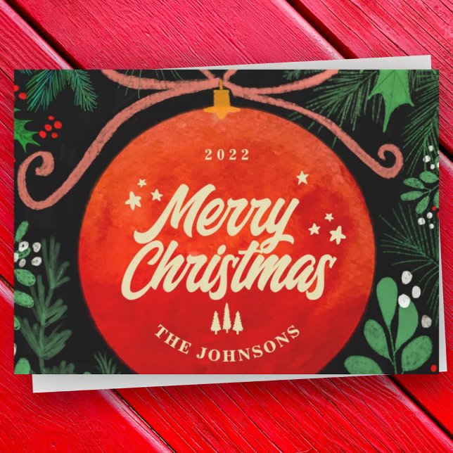 Cartão De Festividades Ornamento de Bola de Natal Vermelho Moderno Botâni (Criador carregado)