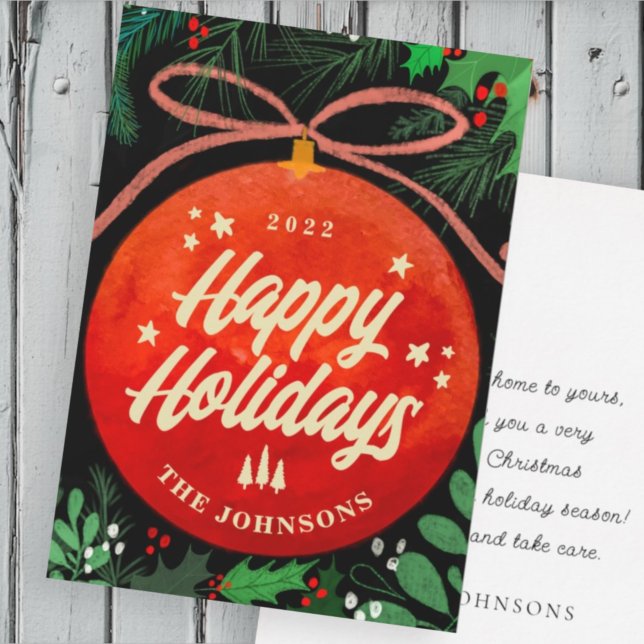 Cartão De Festividades Ornamento de Bola de Natal Vermelho Moderno Botâni (Criador carregado)