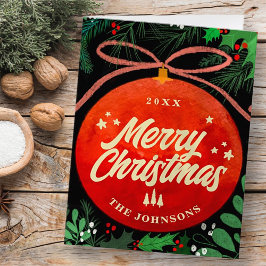 Cartão De Festividades Ornamento de Bola de Natal Vermelho Moderno Botâni