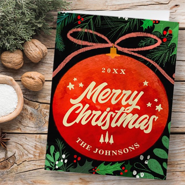 Cartão De Festividades Ornamento de Bola de Natal Vermelho Moderno Botâni (Criador carregado)