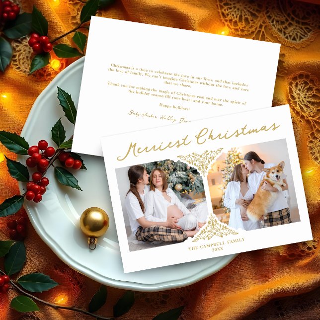 Cartão De Festividades Ornamento de Filigrana Clássica de Natal do ouro (Fake Golden Christmas Classic Filigree Ornament 2 Photos Holidays Card with Envelope.)