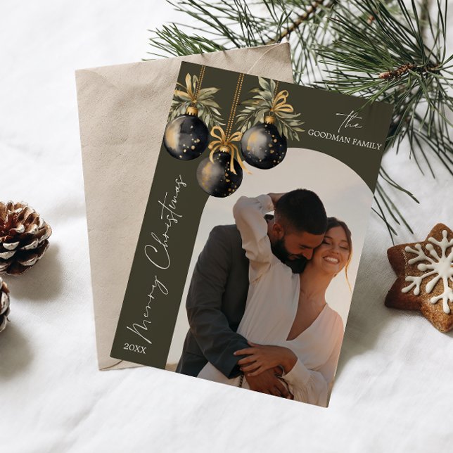 Cartão De Festividades Ornamento preto Dourado Elegante DOIS NATAL Fotogr (TWO PHOTO LANDSCAPER ARCH SHAPED GREETING CARDS FOR CHRISTMAS . PREFECT FOR COUPLES OR NEWLY WED )