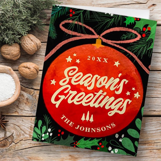 Cartão De Festividades Ornamento Vermelho Moderno de Bola de Natal Botâni (Criador carregado)