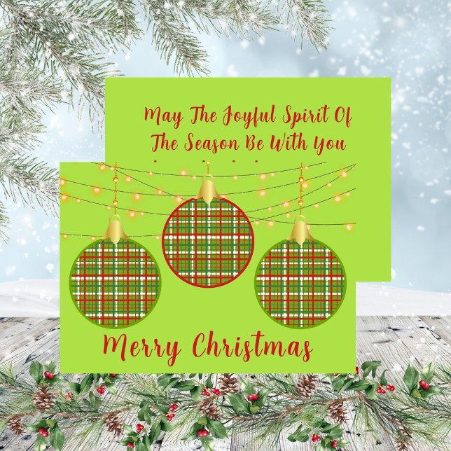 Cartão De Festividades Ornamentos de Xadrezes de Natal Feliz Verde (Green Merry Christmas Trio Plaid Ornaments Holiday Card)