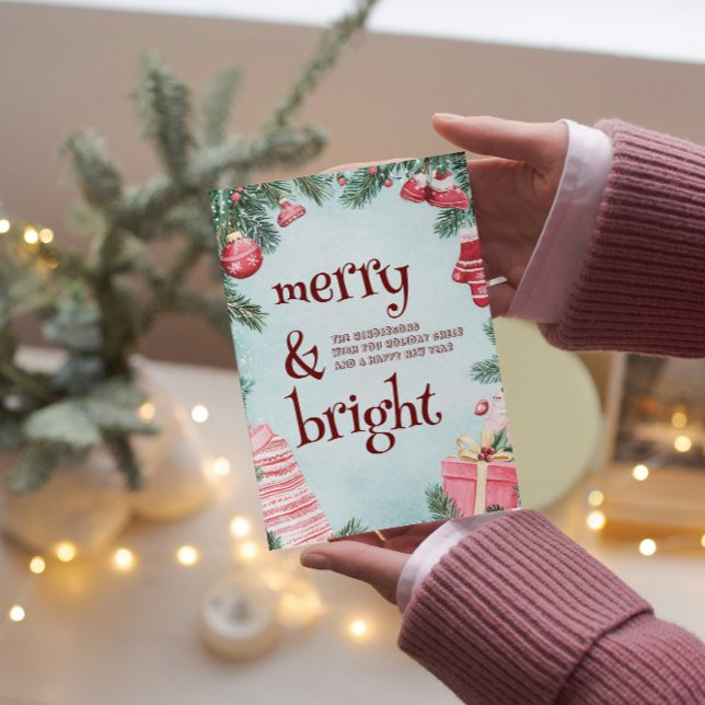 Cartão De Festividades Ornamentos e Apresenta Feliz e Brilho (Criador carregado)