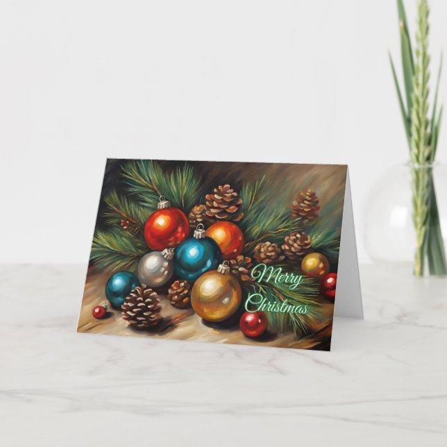 Cartão De Festividades Ornamentos Felizes de Natal com Pinecones (Frente)