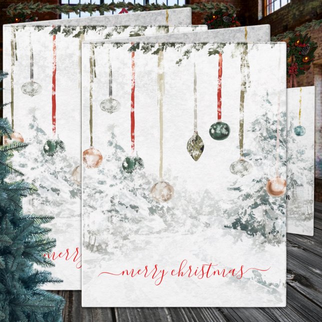 Cartão De Festividades Ornamentos Prendendo Cena de inverno Feliz Natal (Hanging Ornaments Snowy Winter Scene Wraparound Graphics Folded Christmas Holiday Card in two sizes)